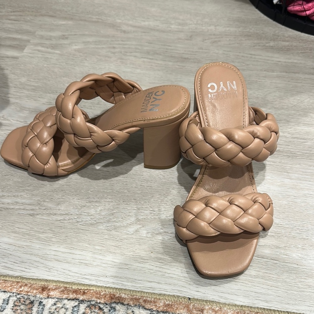 NYC Tan Braided Heels with Chunky Block Heel